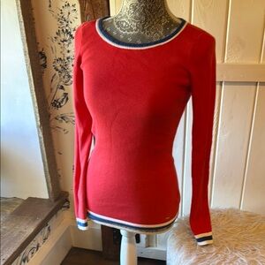Tommy Hilfiger Pink Long Sleeve Pima Cotton Sweater Knit Top Blue and White Trim